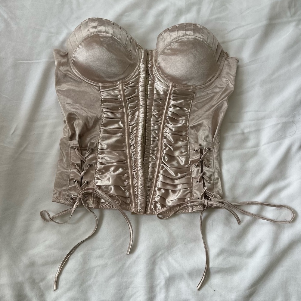 Satin Lace-Up Bustier Corset Top in Champagne